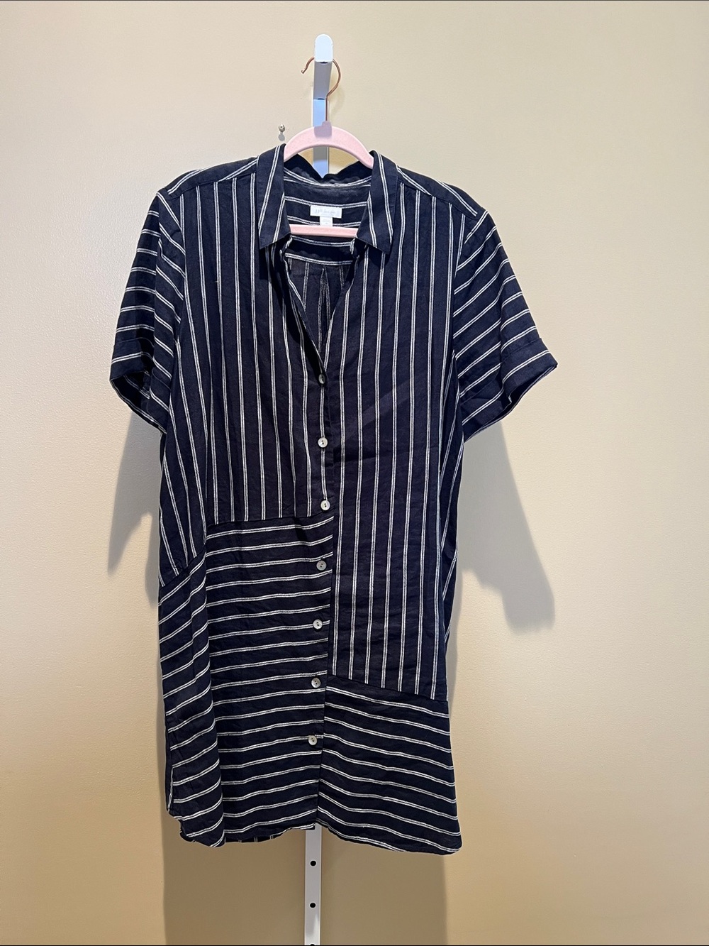 J. Jill Navy and White Vertical Stripe Short-Sleeve Button-Down Dress Linen